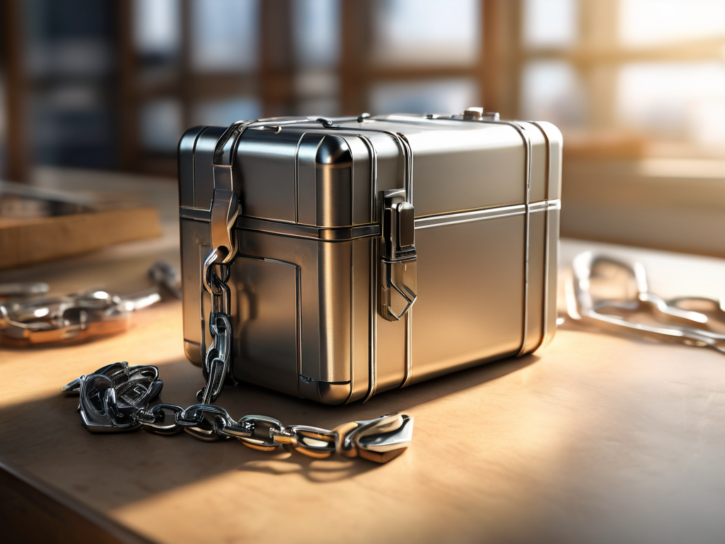 Small metal chain links a sealed storage case to separate blank blocks, representing podcast audio file locations on a brushed...