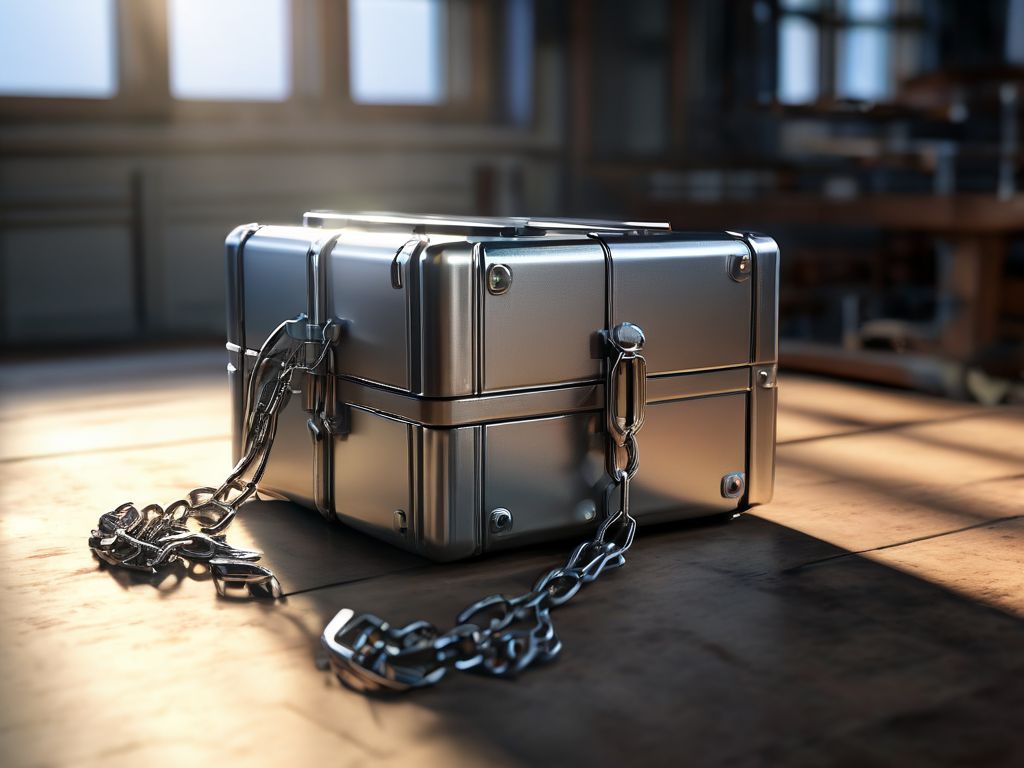 Sealed metal storage case and chain beside stacked blocks on brushed metal surface in angled morning light.