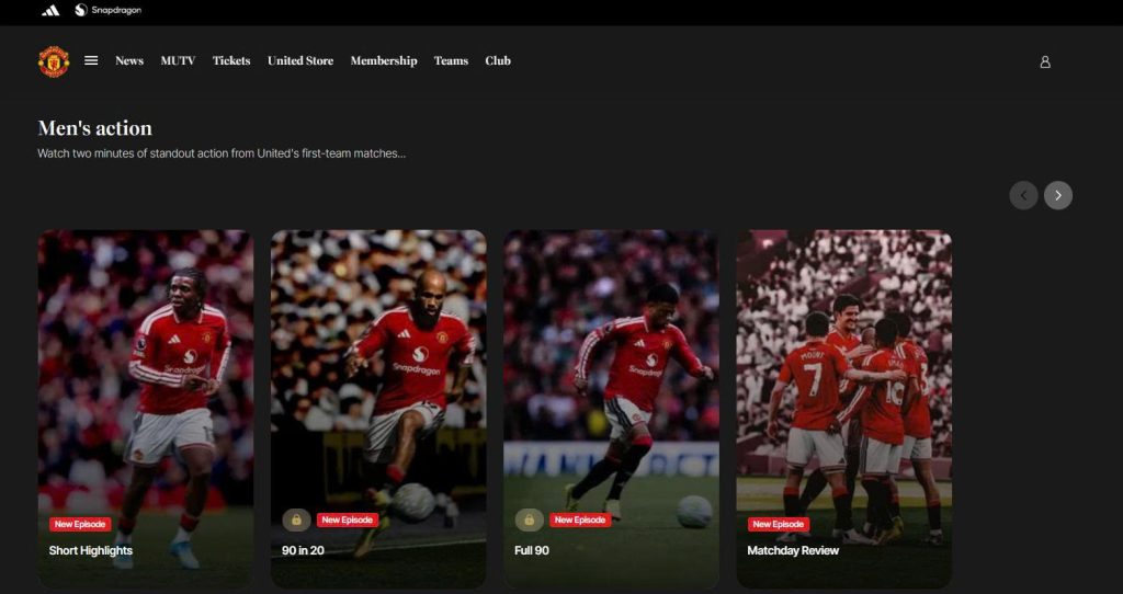 MUTV interface showing club-produced live streams, match videos, and full-match content.