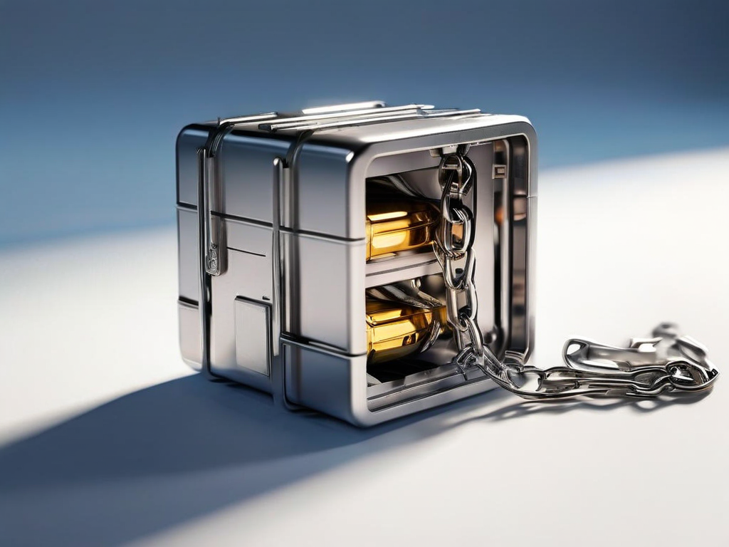 Stacked storage case with metal chain and connection blocks on brushed metal surface, morning light, shallow depth.