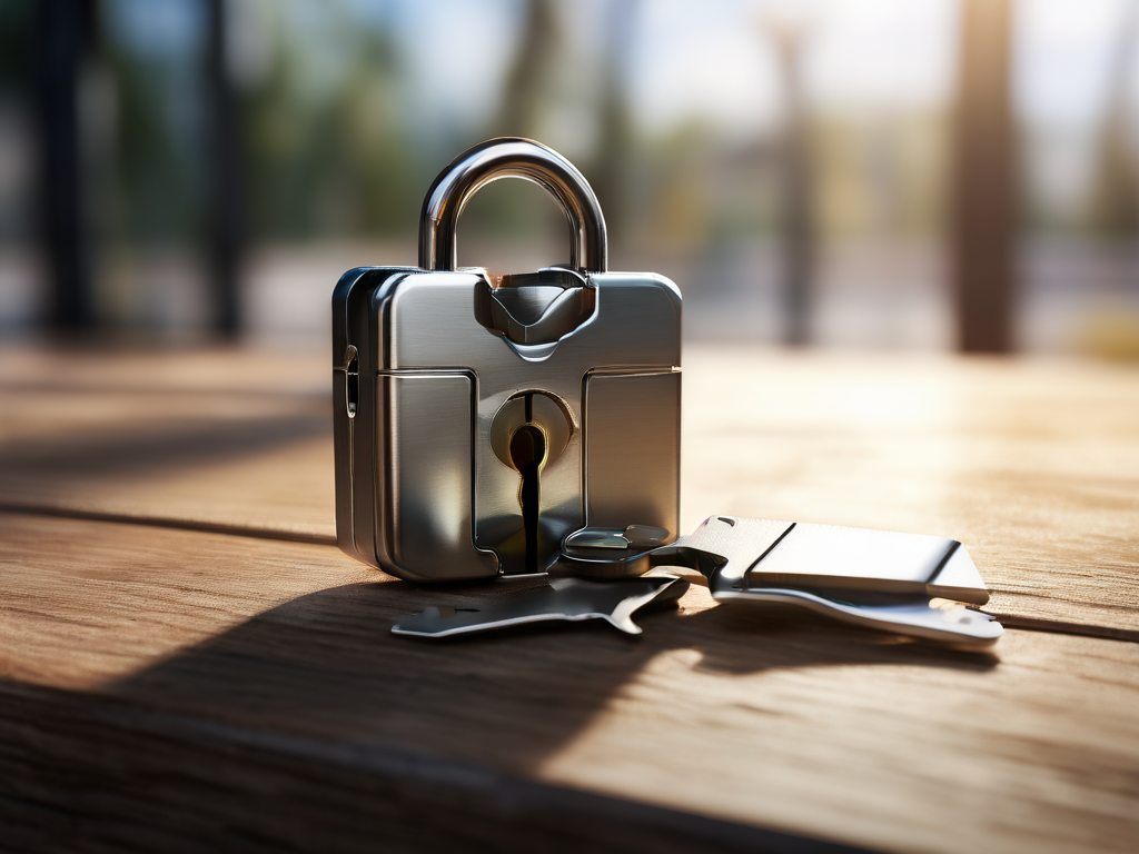 Small metal lock, closed key case, and blank security card on brushed metal surface, morning light, shallow depth of field.