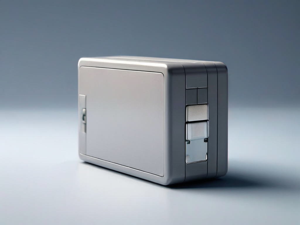 Sealed access card and compact storage block with numeric code panel on a gray studio surface.