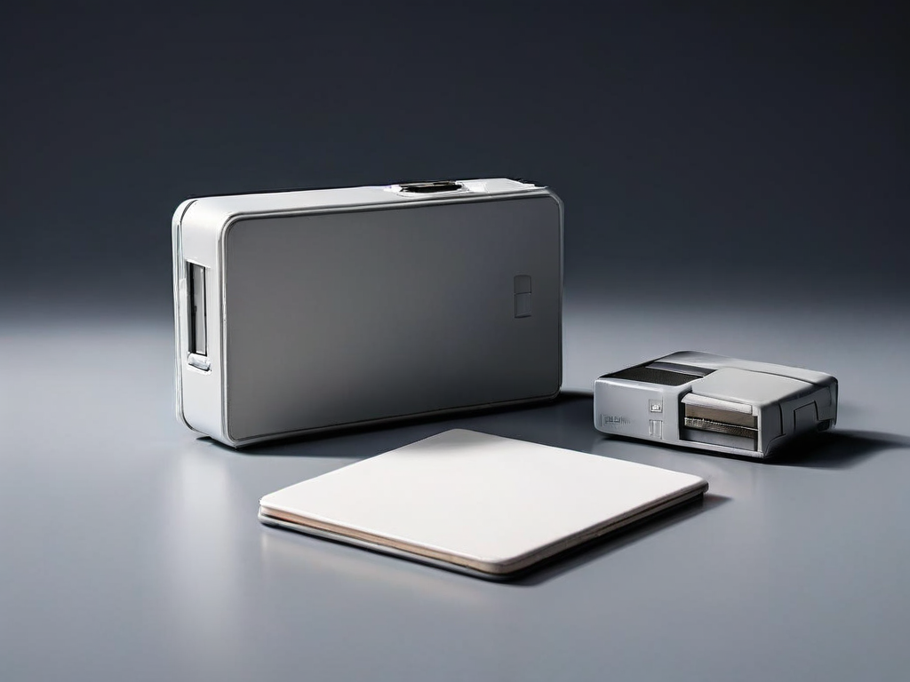 Three blank storage items arranged on a matte gray surface with soft side light and clean shadow.