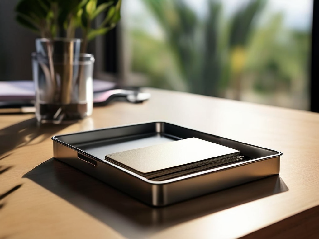 Blank divider cards and compact storage tray on brushed metal, organized references metaphor.