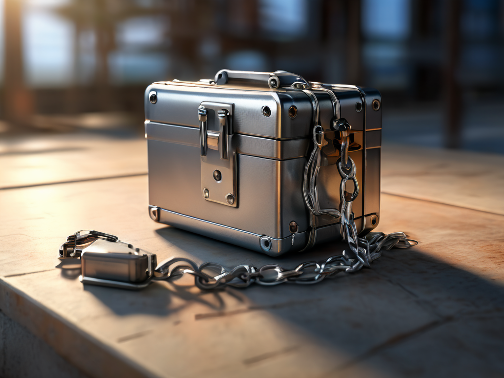 Metal storage case with chain and small blocks representing linked file locations on brushed metal surface in morning light.