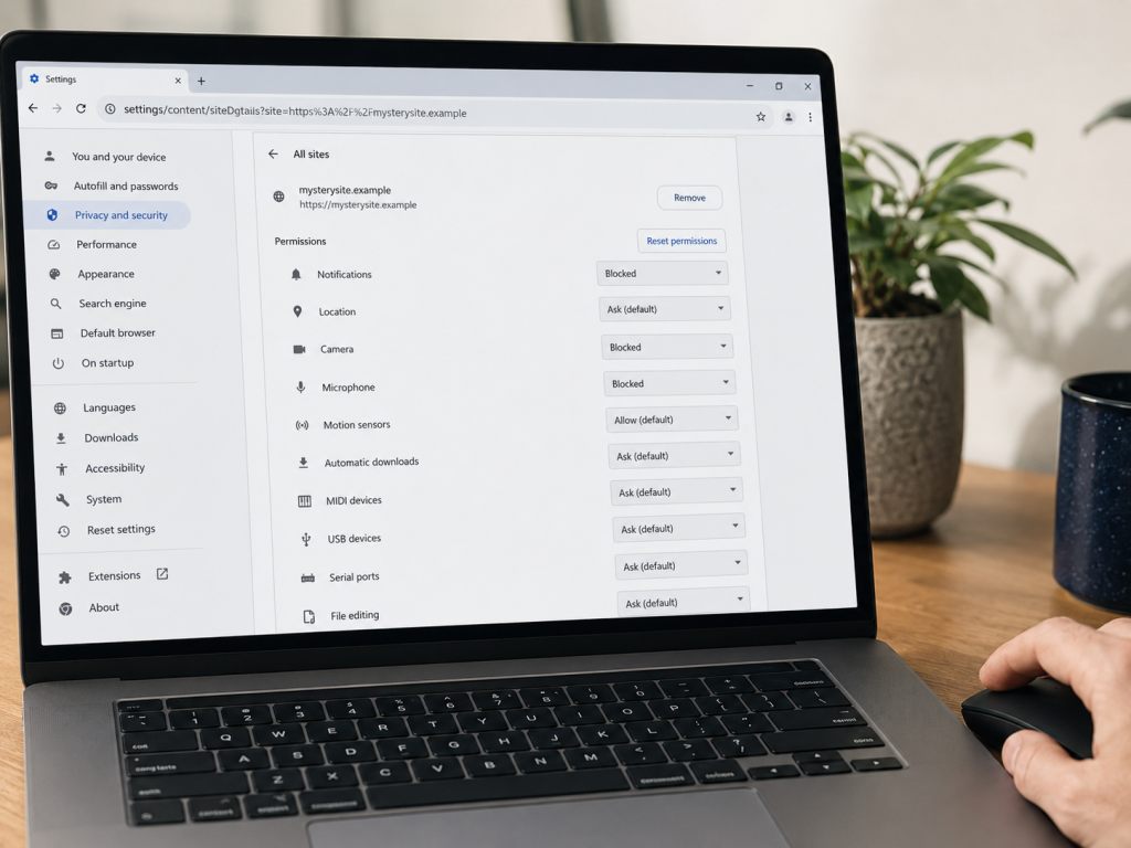 Browser site-permission settings showing controls for notifications, location, camera, microphone, downloads, and device access, illustrating how to revoke permissions.