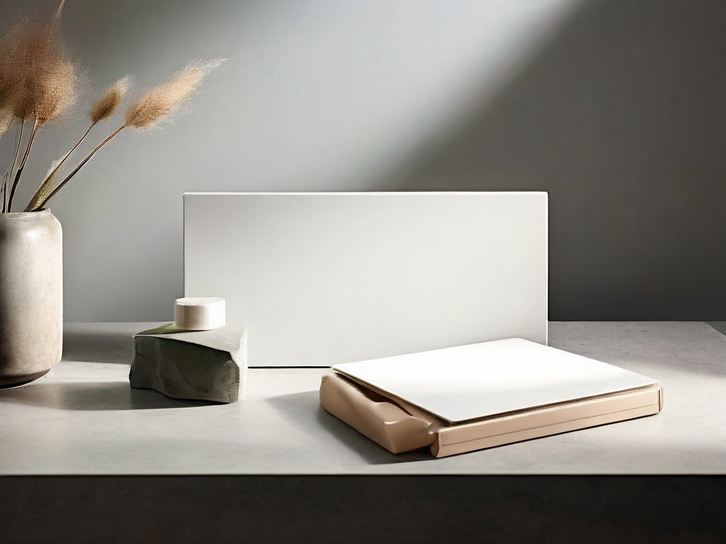 Blank white access cards and a closed metal key box on a stone counter, soft studio light.