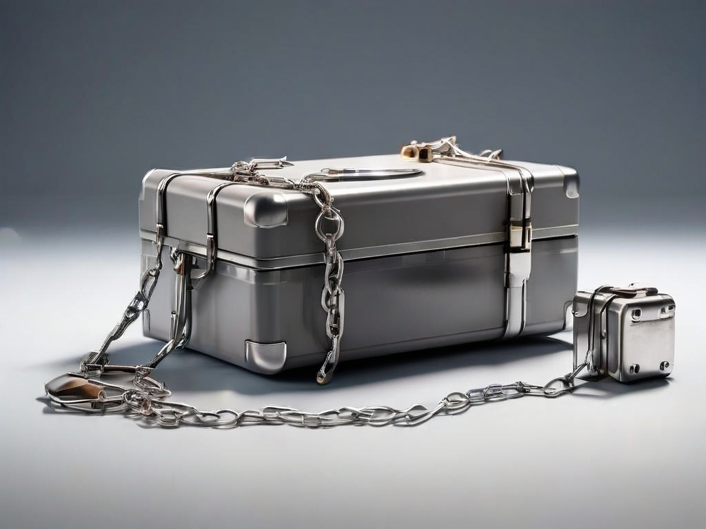 A sealed metal case with a short chain resting on a matte gray surface, with small blank blocks nearby suggesting connected file...
