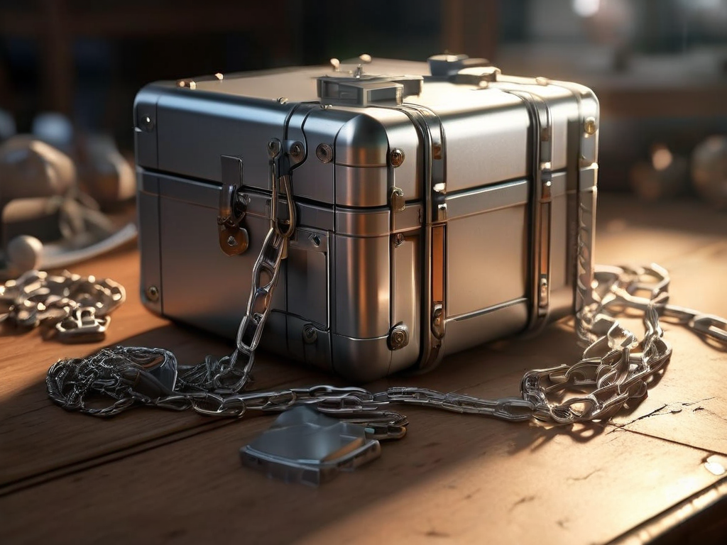Metal storage case with a short chain and small blocks representing digital file locations on a brushed metal surface in morning...
