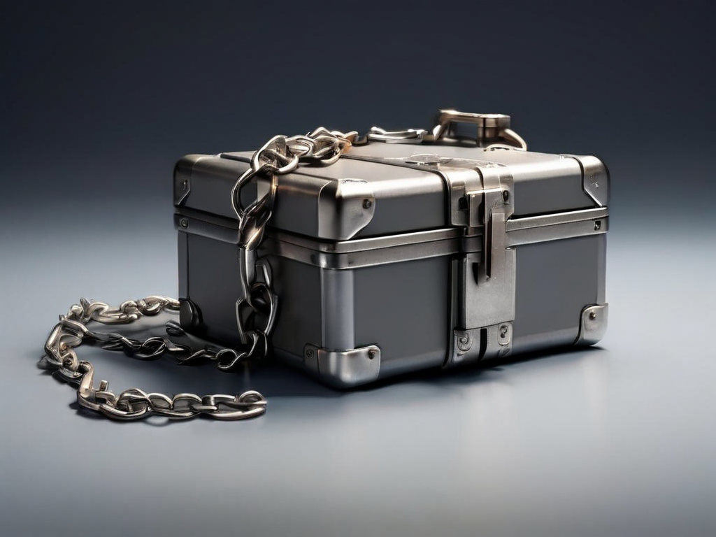 A sealed gray storage case with a short metal chain beside it, and small square blocks arranged to suggest connected file...