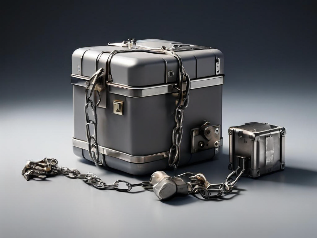 Sealed metal storage case with a short chain and separate location blocks on a gray studio surface
