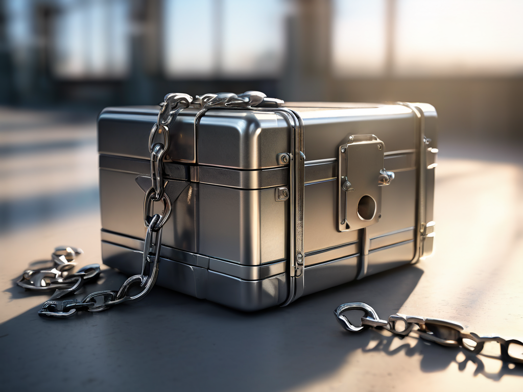 Metal case with chain and small blocks on brushed surface, morning light, shallow focus.