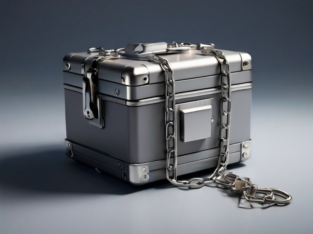 A sealed gray storage case with a short metal chain and separate small blocks representing connected file locations on a matte.