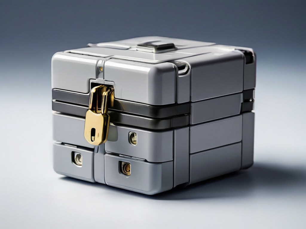 Stack of blank memory cards and a small lock on a gray surface, representing digital security and storage.